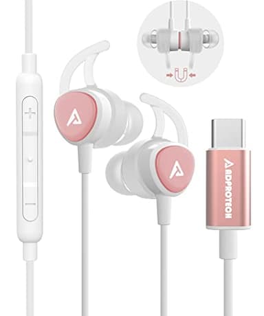 ADPROTECH USB C Headphones, Type C Earbuds Magnetic Wired Earphones with Microphone and Volume Control Compatible with Google Pixel Xiaomi Samsung Oneplus Sony MacBook Rose Gold