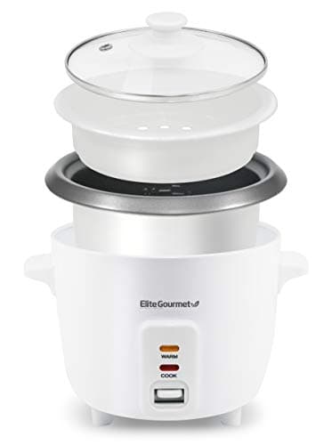 Elite Gourmet Electric Rice Cooker with Steam Tray and Non-Stick Inner Pot Makes Soups, Stews, Grains, Cereals, Keep Warm Feature, 6 Cups Cooked (3 Cups Uncooked), White