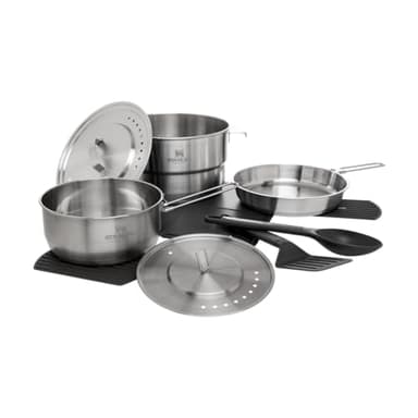 Stanley Adventure 11-Piece Even Heat Pro Camp Cook Set | 4.75 qt Stock Pot | 1.9 qt Saucepan | 8.5 in Frying Pan | Utensils | Stainless Steel Outdoor Cookware for Backpacking and Camping | BPA-Free