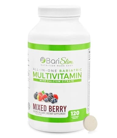 BariSlim All-in-One Bariatric Chewable Multivitamin Tablets w/Calcium Citrate - Bariatric Vitamin for Post Surgery Including Gastric Bypass & Gastric Sleeve | Mixed Berry (120 Count)