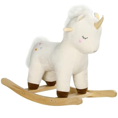 Qaba Rocking Horse, Plush Ride on Unicorn with Realistic Sound, Wooden Base, Toddler Rocking Horse for 2-4 Years, White