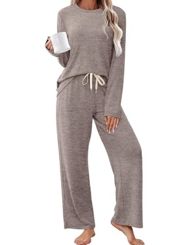 Sampeel Fall Pajamas Women 2 Piece Cute Pj Sets Lightweight Sweaters Set Two Piece Outfits Fall Fashion Clothes 2025 Winter Petite Tops Wide Leg Pants Brown S