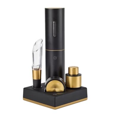RBT 5-Piece Electric Wine Set with Automatic Corkscrew, Aerator, Foil Cutter, Vacuum Preserver, Charging Base, Black and Gold