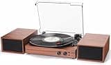 Record Player for Vinyl with External Speakers, Bluetooth 3 Speed Vintage Belt-Driven 33 45 78 RPM Turntable with Stereo Speakers, MP3 PC Recording, RCA Line-Out, AUX-in Headphone Out, Light Wood