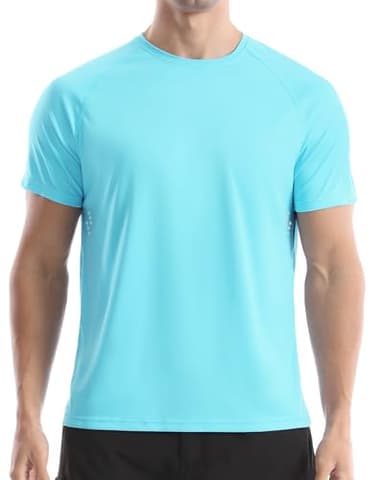 Men's UPF 50+ Swim Shirts, Sun Protection Short Sleeve Rash Guard, Quick Dry T-Shirt for Fishing and Surfing Lake Blue