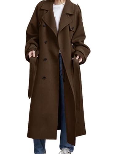 chouyatou Women's Winter Double Breasted Wool Coat Long Sleeve Notch Lapel Midi Long Winter Trench Coat with Belt (Small, Brown)