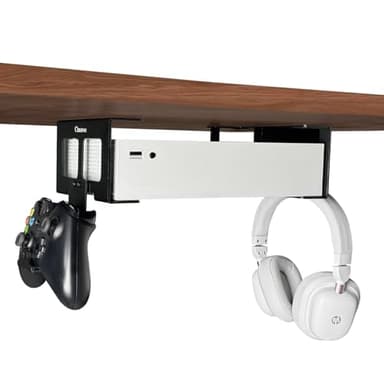 Chanvoo Aluminum Under Desk Mount Compatible with Xbox Series S, Xbox One S/X, Xbox 360, Securing Under Desk Bracket with Detachable Controller & Headphone Holder Kit No Drill (Black)