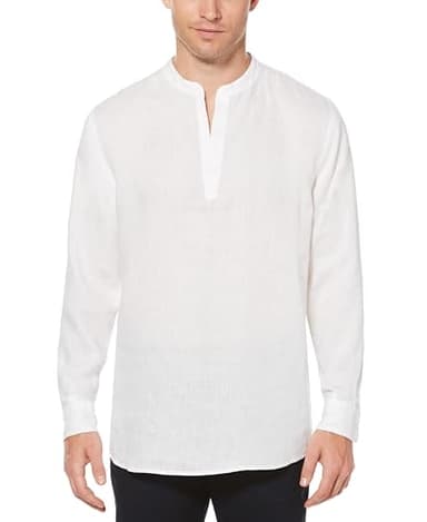 Perry Ellis Men’s Long Sleeve 100% Linen Popover Shirt with Banded Collar, Solid Lightweight & Breathable Fabric, Versatile, Bright White, Large