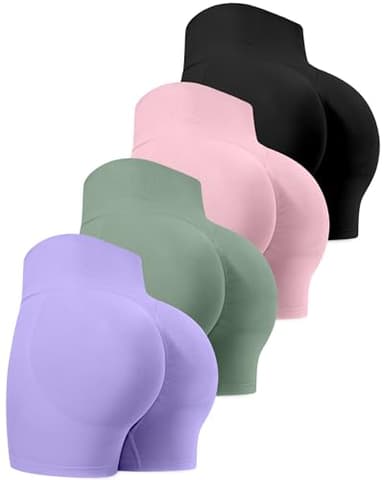 CHRLEISURE Workout Gym Biker Shorts, High Waisted Butt Lifting Scrunch Butt Sports Seamless Shorts Sets 4 Piece (BlackPinkLGreenLPurple,M)