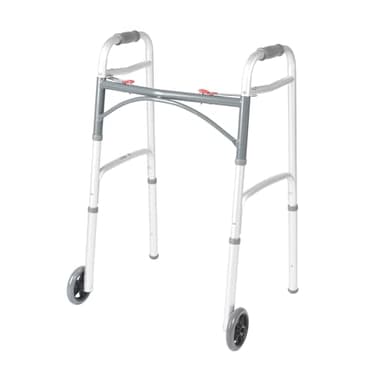 Drive Medical Two-Button Folding Walker With Wheels - Lightweight Rolling Mobility Support - Adjustable Height - Dual Push-Button Operation - 5 Inch Front Wheels - Durable Aluminum - Silver