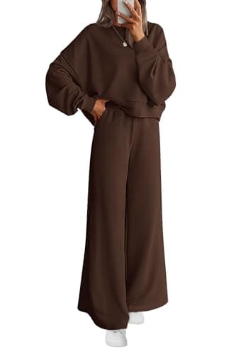 PRETTYGARDEN Women 2 Piece Outfits 2026 Fall Sweatsuits Crewneck Sweatshirt Wide Leg Sweatpants Lounge Sets Tracksuit(Dark Brown,Medium)