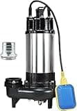 1HP Sewage Grinder Pump Submersible Effluent Pump, Sump Pump 110V 6400GPH with Automatic Float Switch, Cast Iron, 2'' NPT Discharge for Basement, Sump Basin, Residential Sewage