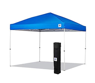 E-Z UP Envoy Outdoor Canopy Pop Up Tent, 10' x 10', Roller Bag, 4-Piece Spike Set, Recreational Grade, Royal Blue Top