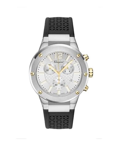 Ferragamo F-80 Chrono Collection Luxury Mens Watch Timepieces with a Black Strap Featuring a Stainless Steel Case and a Silver Dial