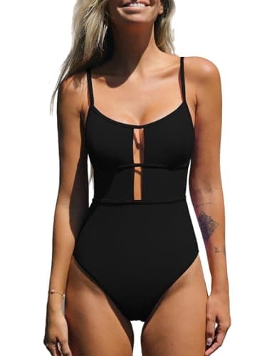 CUPSHE Women's One Piece Swimsuit Scoop Neck Adjustable Straps Cutout Back Self Tie Bathing Suit, L Black