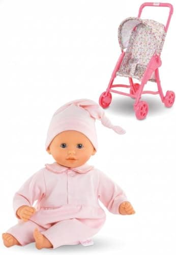 Corolle 12" Bébé Calin Charming Pastel Baby Doll + Foldable Pink Stroller Bundle – Soft Vanilla-Scented Doll with Sleeping Eyes & Floral Pink Outfit, Lightweight Doll Carriage for Toddlers 18 Months+