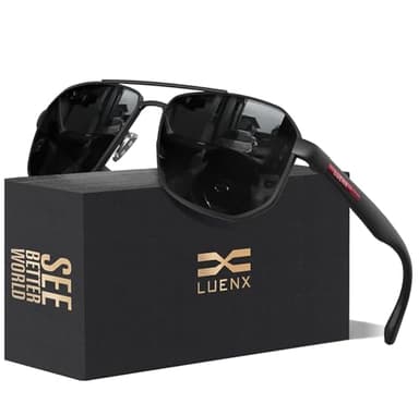 LUENX Aviator Sunglasses for Men Square Polarized Polygon Lens - UV 400 Protection with Accessories(Black Lens)