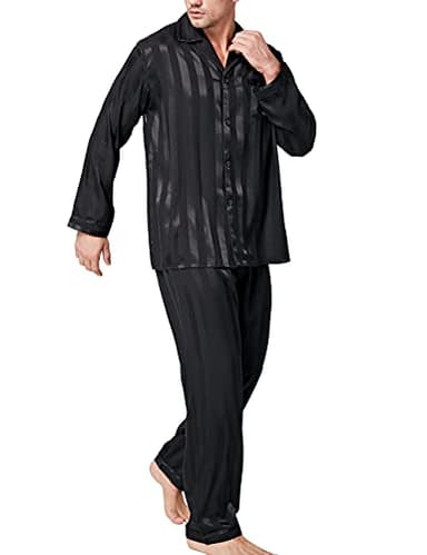 Lonxu Mens Silk Satin Pajamas Set Sleepwear Loungewear Black M