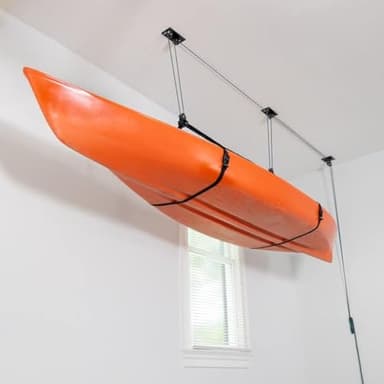Teal Triangle Pulley Hoist for Kayaks, Canoes, and Paddleboards - Heavy Duty Garage Storage Lift - Kayak Hanger Holds 150 lbs and Fits 10-14 ft Tall Garage Ceilings