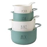 Rae Dunn Non-Slip Mixing Bowls - 4 Piece Nesting Plastic Mixing Bowl Set with Pour Spouts and Handles-Measurement Markings (Sage)
