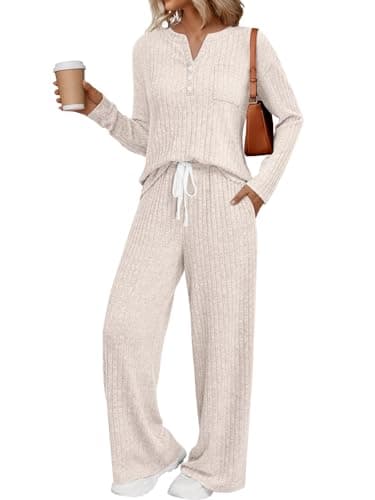 LILLUSORY Womens 2 Piece Lounge Sets Matching Airport Travel Outfits 2026 Spring Clothing Fall Pajamas Sweat Suits Pockets Apricot S