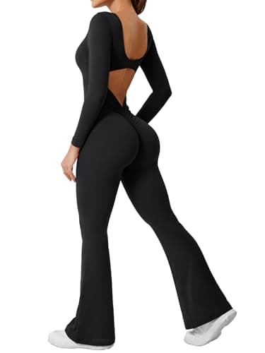YEOREO One Piece Wide Leg Jumpsuits for Women Workout Long Sleeve Backless Flare Jumpsuit Lizvette Scrunch V Back Yoga Romper Black M