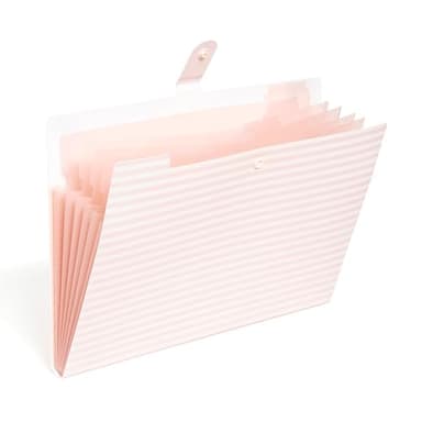 U Brands Poly 6 Pocket Expandable Folder with Tabs, Preppy Pink Stripes, 1 Count, Letter Size, 1/5-cut tabs and 14 Blank Adhesive Labels