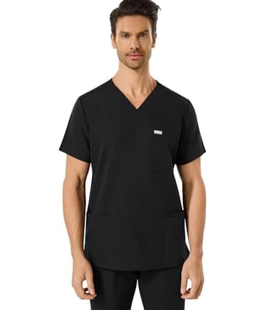 SUNCHIRI Mens Scrub Top with 4 Pockets, Modern V-Neck Scrubs Top, 4-Way Stretch, Soft, Durable, Breathable, Moisture-Wicking（Black, L