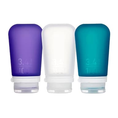humangear GoToob+ 3-Pack (Large) | Refillable Silicone Travel Bottle | Locking Lid | Food-Safe Material, Clear/Purple/Teal, Large (3.4 fl.oz.; 100ml)