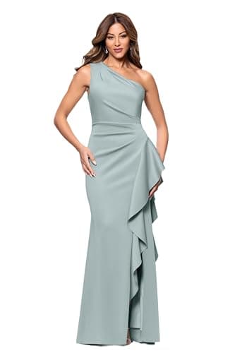 Xscape Women's Techno Scuba One Shoulder Sleeveless Floor Length Dress, Sage, 12