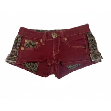Women Vintage Leopard Patchwork Red Denim Shorts Summer Streetwear Sexy Y2K Low Rise Slim Hot Pants Casual All-Match Jeans Red X Large