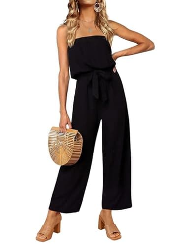 ZESICA Women's Casual Off Shoulder Solid Color Strapless Belted Wide Leg Jumpsuit Romper,Black,Small