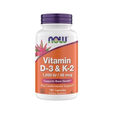 Now Supplements Vitamin D3 K2, 1,000 IU/45 mcg, Cardiovascular Support, Supports Bone Health, 180 Vegetarian Capsules - Vegan, Gluten Free, Kosher