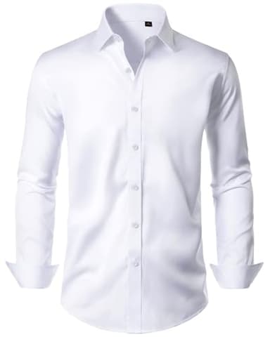 Alimens & Gentle Men's White Dress Shirt Wrinkle Free Long Sleeve Solid Stretch Bussiness Formal Wedding Button Down Shirts L