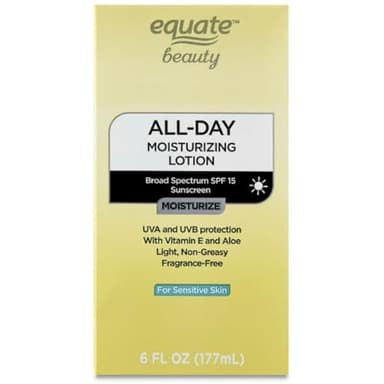 Equate Beauty All-Day Moisturizing Lotion, SPF 15 Broad Spectrum Sunscreen, Sensitive Skin, Vitamin E and Aloe, Fragrance-Free, 6 fl oz