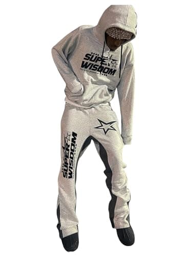 VIPWOLF Men's 2 Piece Sweatsuit Long Sleeve Star Hoodie Pullover and Y2K Stacked Sweatpants Sets Light Grey Medium