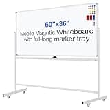 Mobile Magnet Whiteboard with Stand 60x36 Double-Sided Dry Erase Board with Stand - Magnetic Portable Standing Whiteboard - 5' x 3' Rolling White Boards with Easy Flip Feature