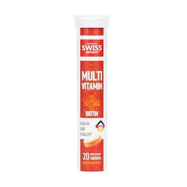 Swiss Imports Effervescent Multivitamins + Biotin for Wellness and Vitality Dietary Supplement with Vitamins C, E, B1, B2 B6, B12, A, and D3, 20 Tablets