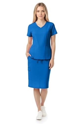 MediChic Women’s Premium Medical Uniform Skirt Set – V-Neck Scrub Top & Scrub Skirt, Soft Stretch Fabric, 4-Way Stretch, Lightweight Nursing Scrubs with 6 Pockets