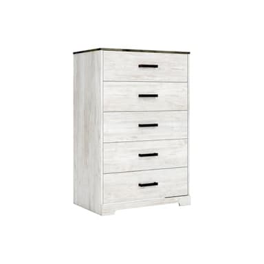 Signature Design by Ashley Shawburn Rustic 5 Drawer Chest of Smooth-Gliding Drawers and Safety Stop, White & Gray