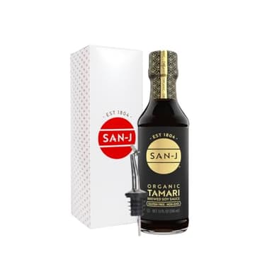 San-J - Organic Gluten Free Tamari Soy Sauce - Specially Brewed - Made with 100% Whole Soy - 10 oz. Bottle - Includes a Collector's Tin and custom pour spout