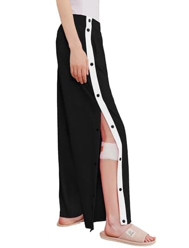 Deyeek Women's Tear Away Pants Side Split Snap Open Bottom Sweatpants Leg Breakaway Post Surgery Pants with Pockets Black