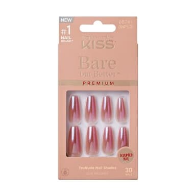 KISS False Nails Kit, Bare but Better Ready to Wear Sculpted Nails, Stick and Glue Included, Long Length, Coffin Shape, Long-Lasting Hottest Trend Glue on Nails, Convenient & Easy to Apply