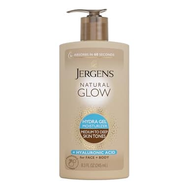 Jergens Natural Glow Hydra Gel Moisturizer, Hyaluronic Acid Tanning Lotion, Hydrating Tanning Gel, Fragrance-Free Self Tanner, Medium to Deep Skin Tones 8.3 Oz