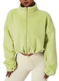 QINSEN Full Zip Fleece Jacket for Women Active Winter Warm Crop Sweatshirt Drawstring Fit Coat Lime Green S