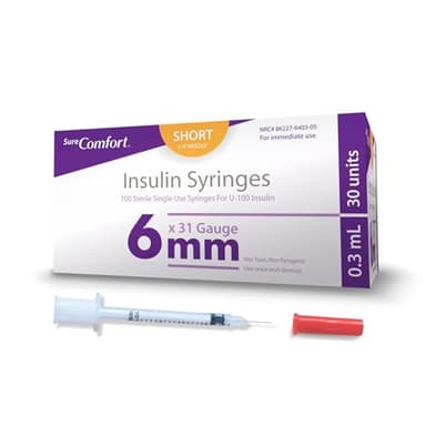 SureComfort U-100 Insulin Syringes 31G x 1/4" 3/10cc (6 mm), For Diabetes Care, Box of 100