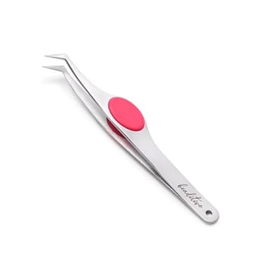 Beaditive High Precision Angled Tip Tweezers with Cushion Grip - 4.7" Craft Tweezers for Sewing, Beading & DIY Crafts - Non-Serrated Jewelry Tweezers with Fine Angled Tips - Stainless Steel (Fuchsia)