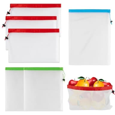 MAQIHAN 6pcs Reusable Produce Bags - Mesh Produce Bags Drawstring Reusable Washable Vegetable Storage Bags Refrigerator Keep Fresh Grocery Food Fruits Veggie Green Net Bag Toy Storage Zero Waste Shop