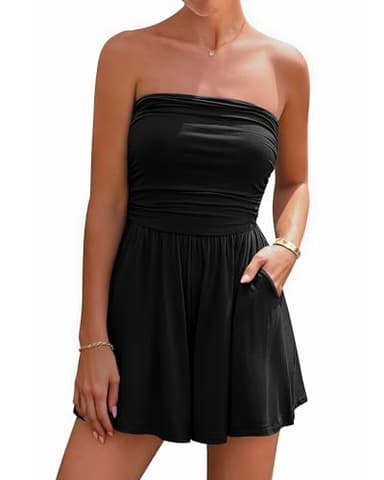 BTFBM Womens Romper 2026 Spring Summer Strapless Tube Tops Beach Vacation Clothes Boho Loose Shorts Jumpsuits Pockets(Black, Large)