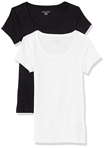 Amazon Essentials Women's Slim-Fit Cap-Sleeve Scoop Neck T-Shirt, Pack of 2, Black/White, Medium